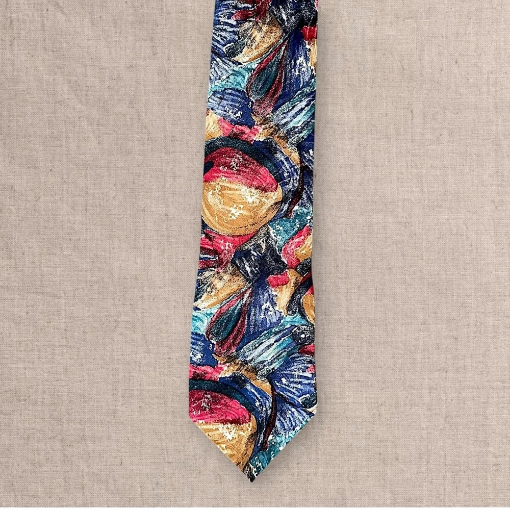 Oscar De La Renta Silk Tie Mens Abstract Blue Red Gold Pattern Designer